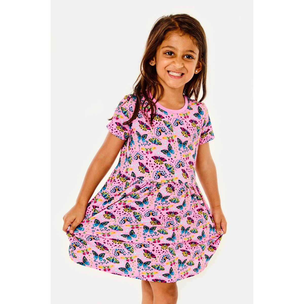 Stretchy Short Sleeve Twirl Dress - Butterflies