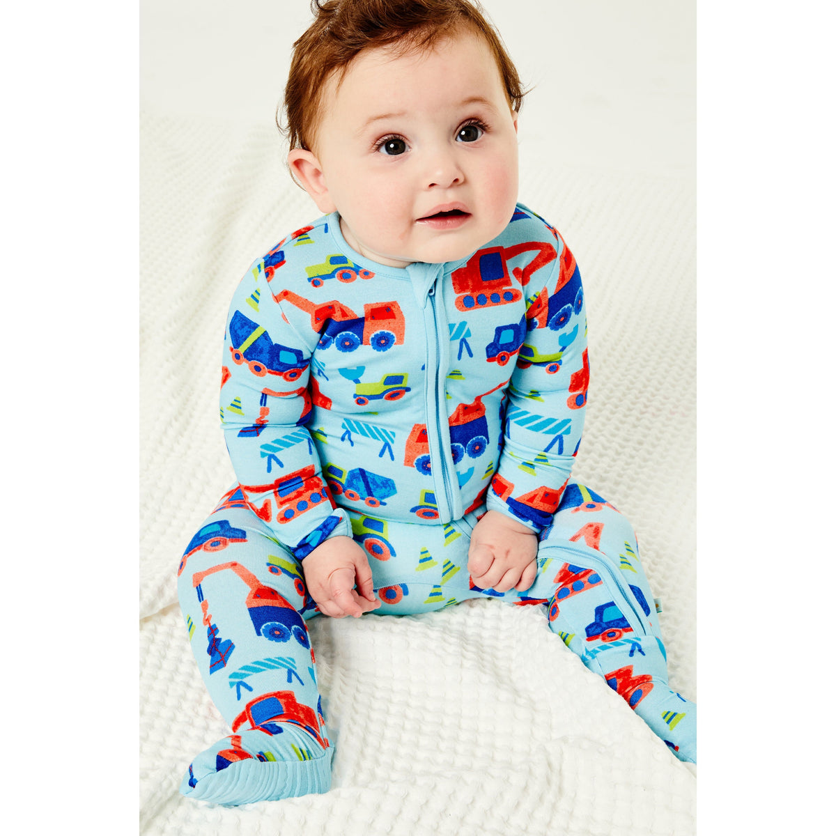 Soft & Stretchy Zipper Footie - Construction Blue