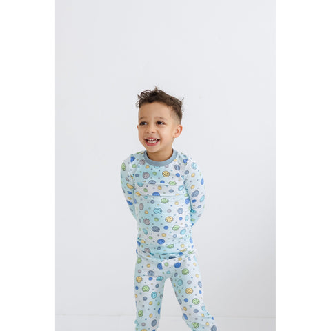 happy blue long sleeve pajama set