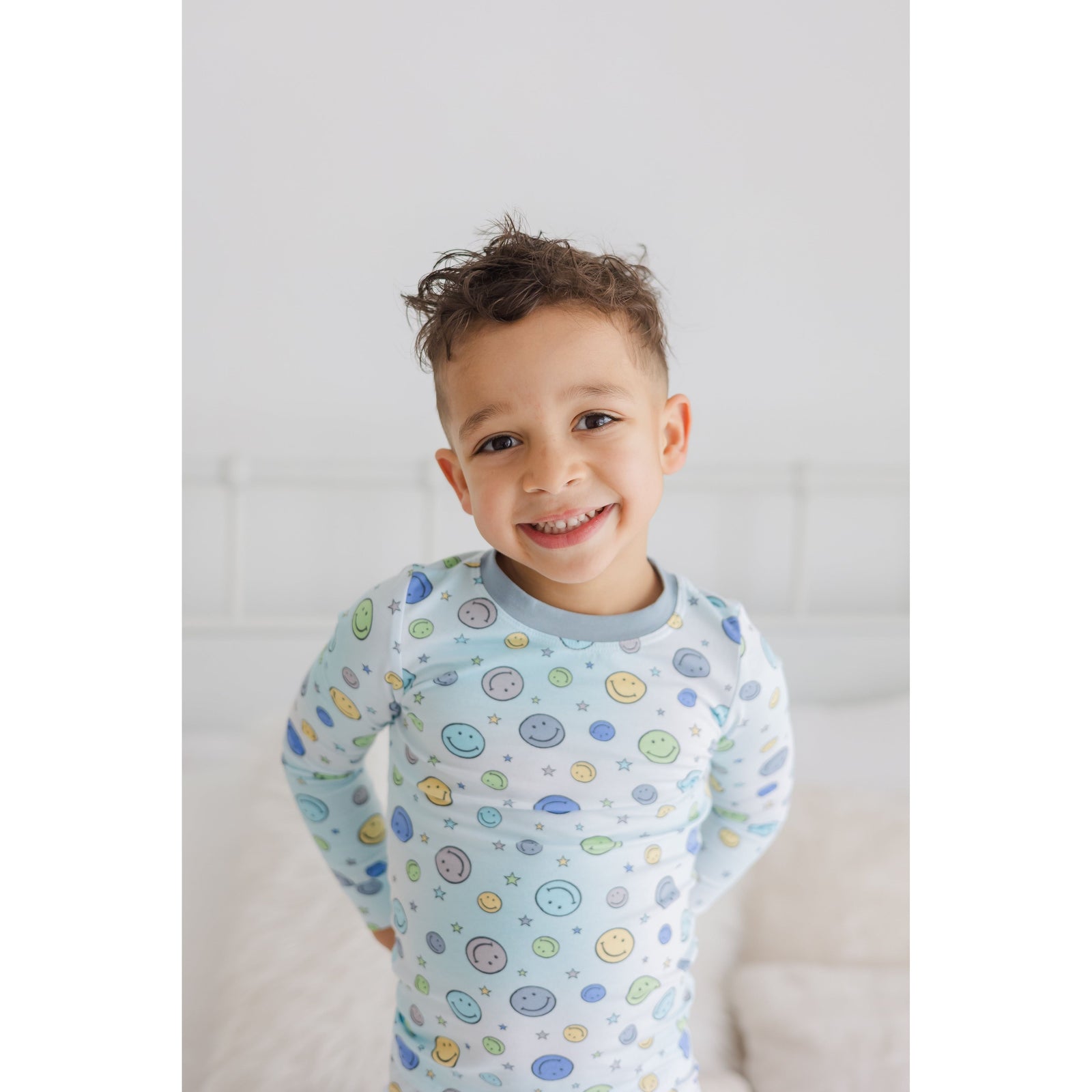 happy blue long sleeve pajama set