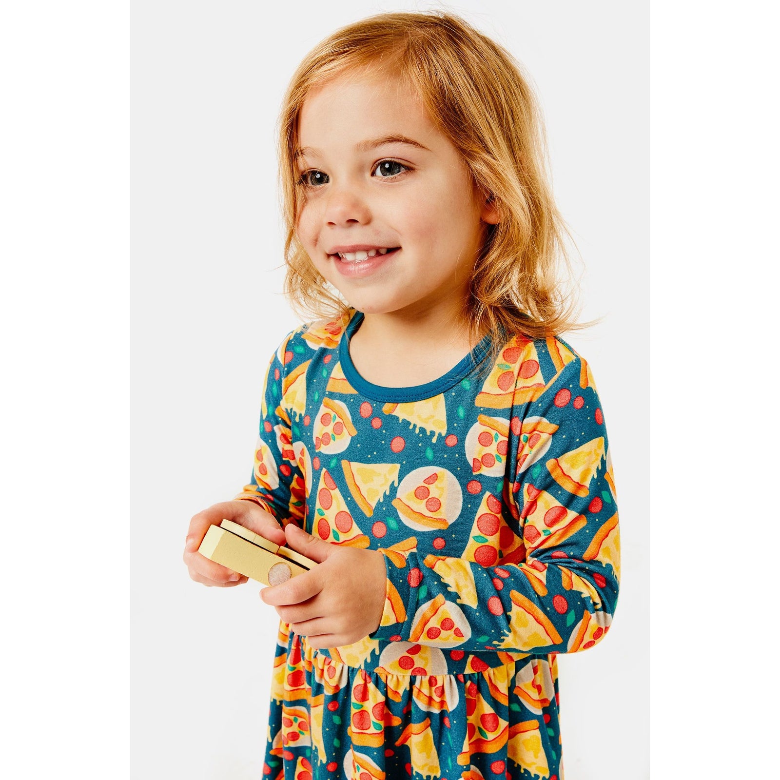 Stretchy Long Sleeve Twirl Dress - Pizza Party