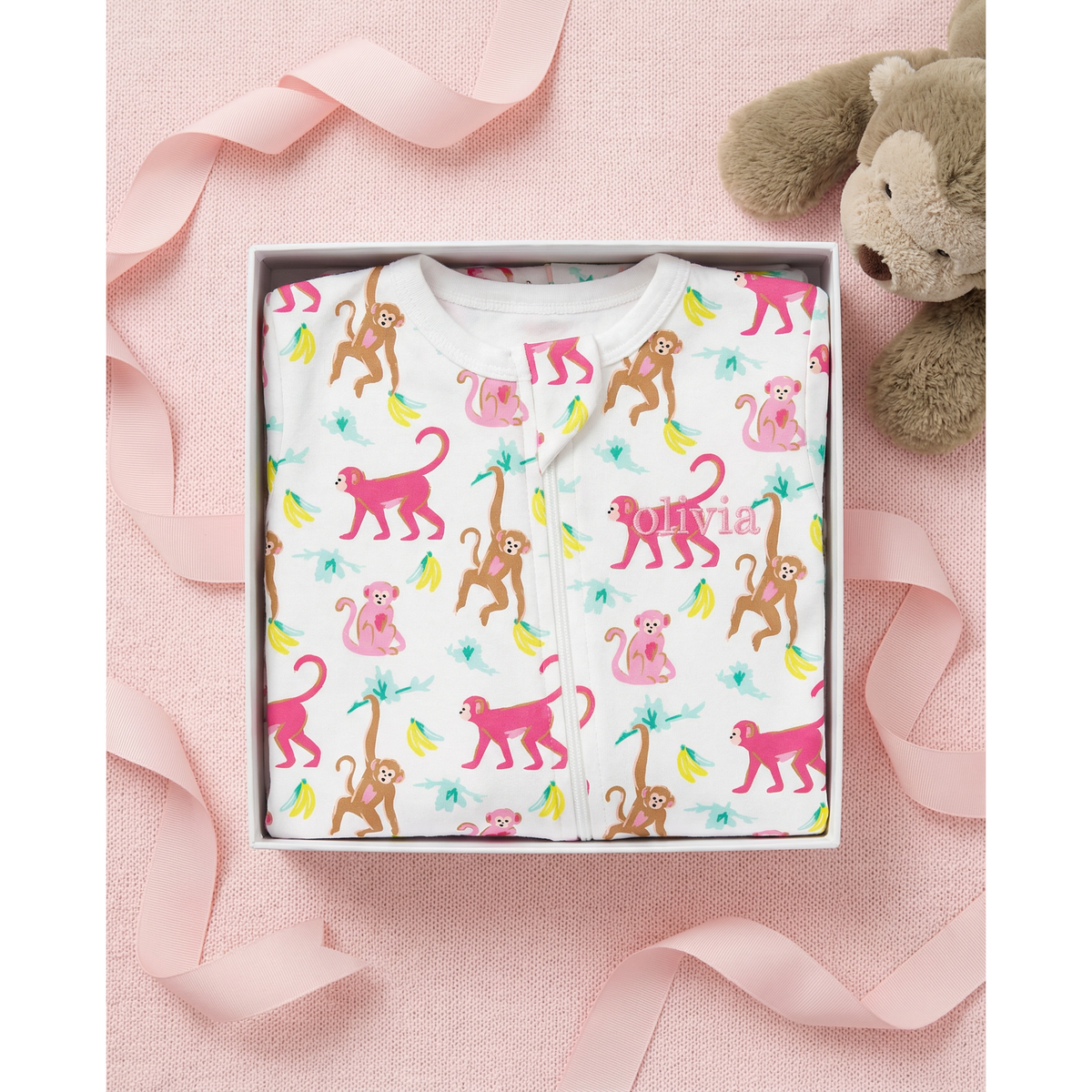 The Organic Zipper Footie [Monkeying Around Pink]