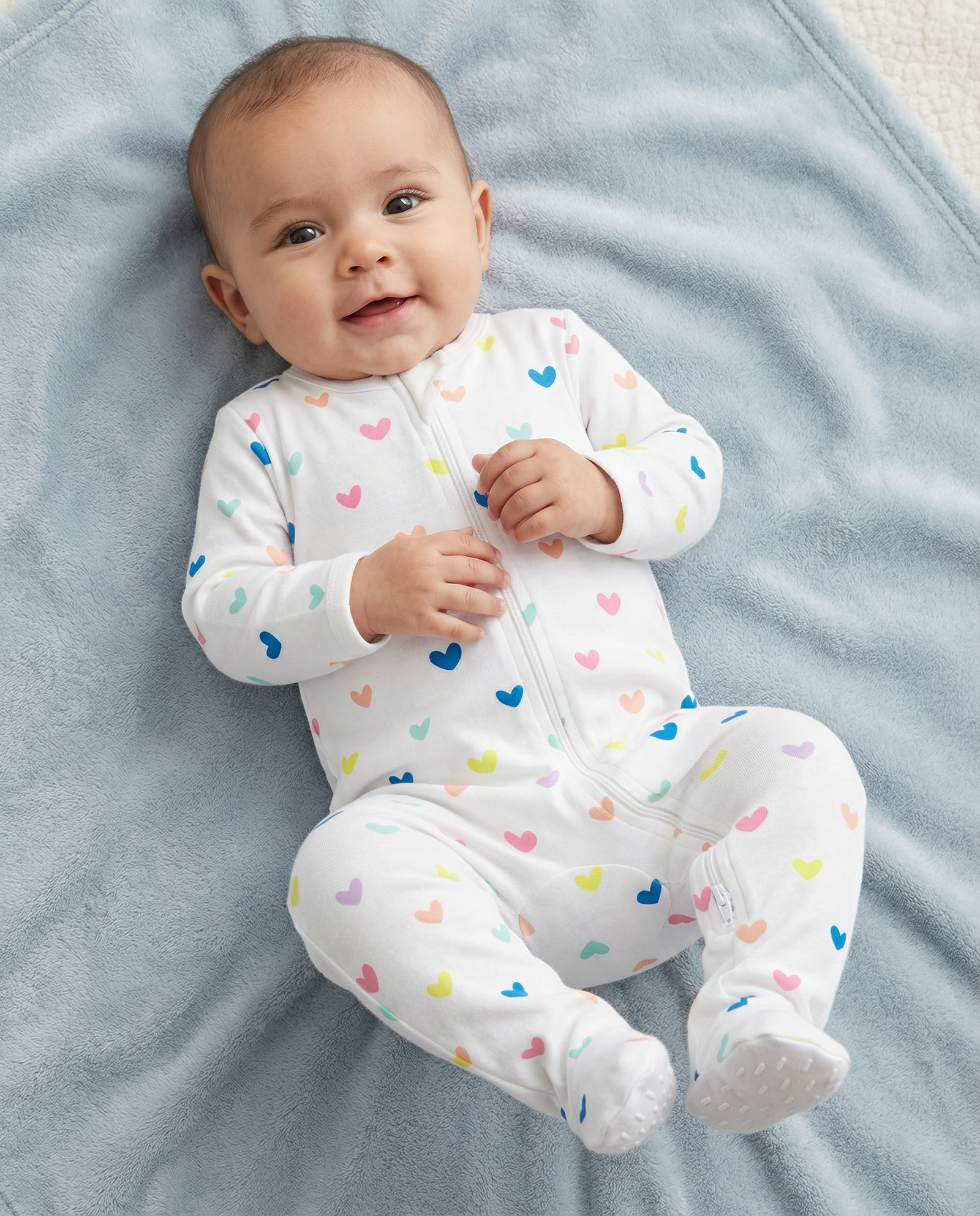 The Organic Zipper Footie [Rainbow Hearts]