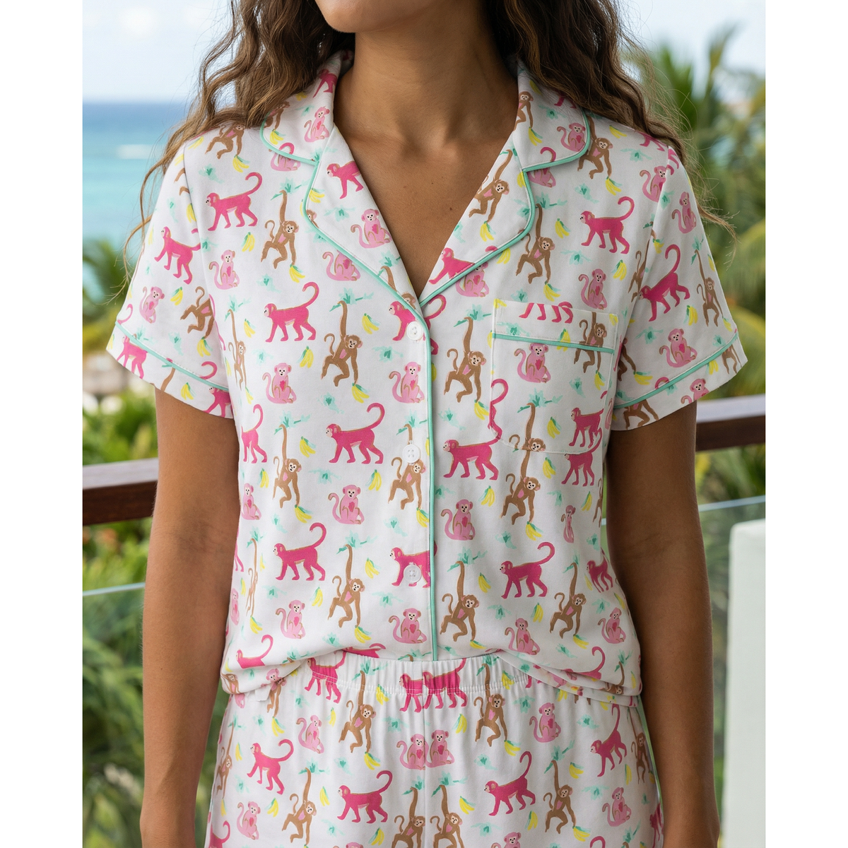 Organic Polo Pajama Set with Shorts [Monkeying Around Pink]