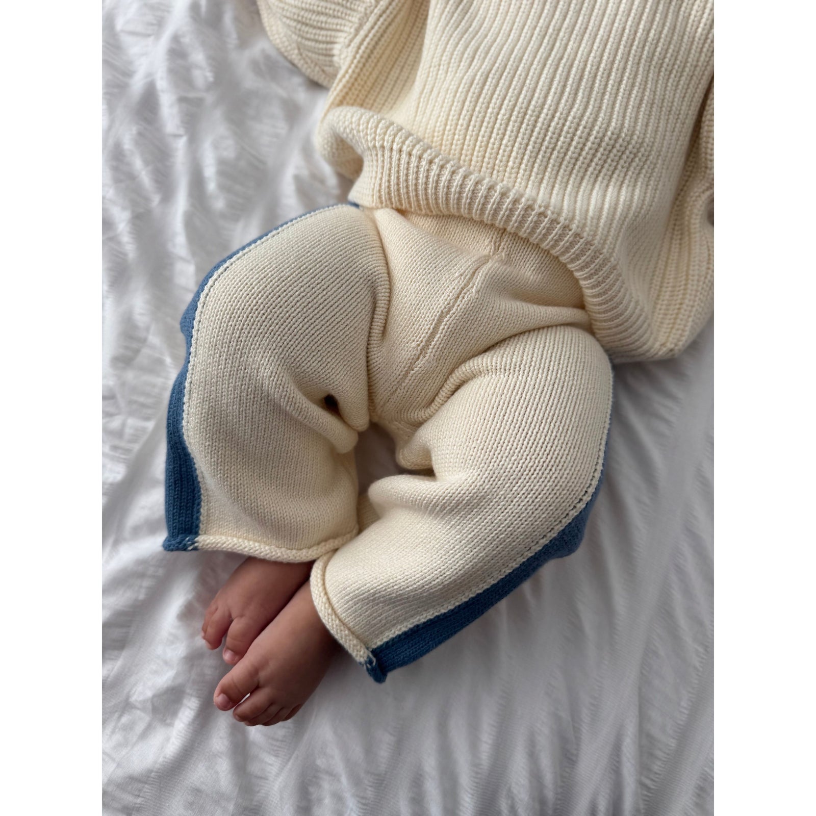 Knit Striped Pants  - Cream & Denim Blue