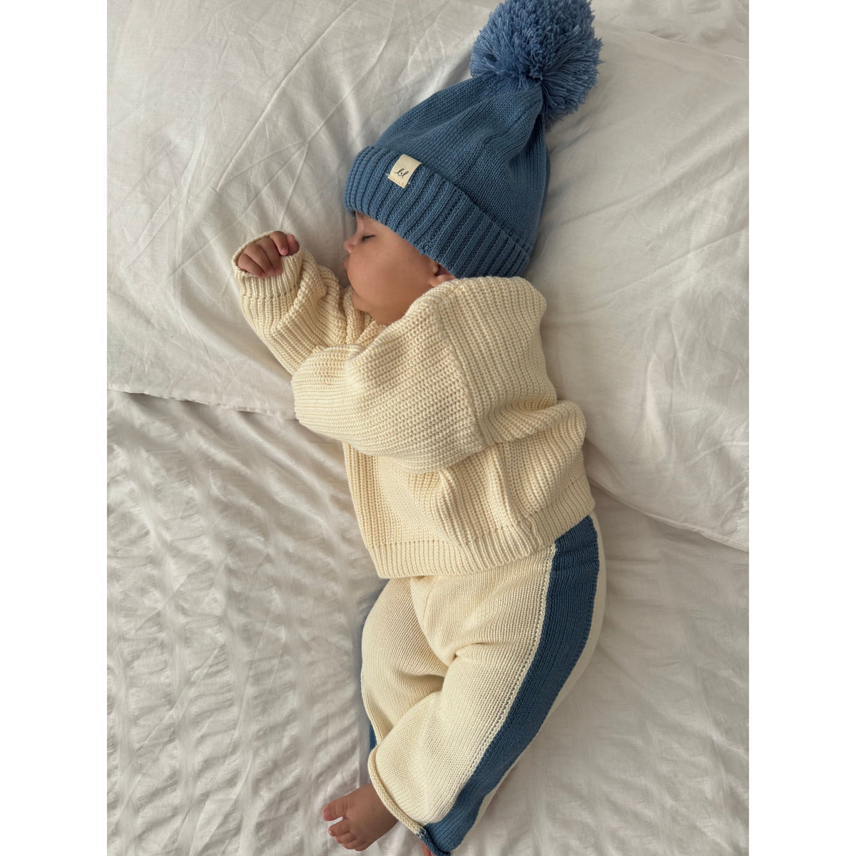 Knit Striped Pants  - Cream & Denim Blue