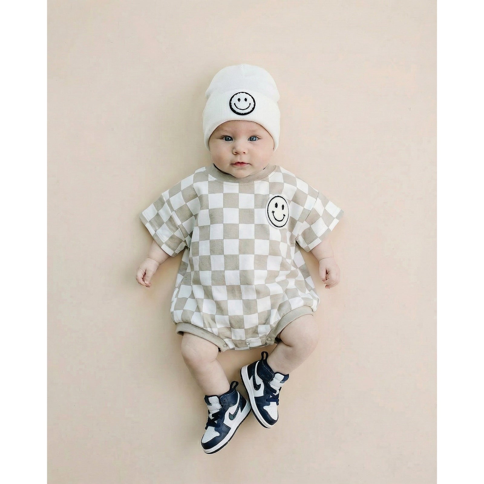 Short Sleeve Bubble Romper | Checkered Smiley Latte