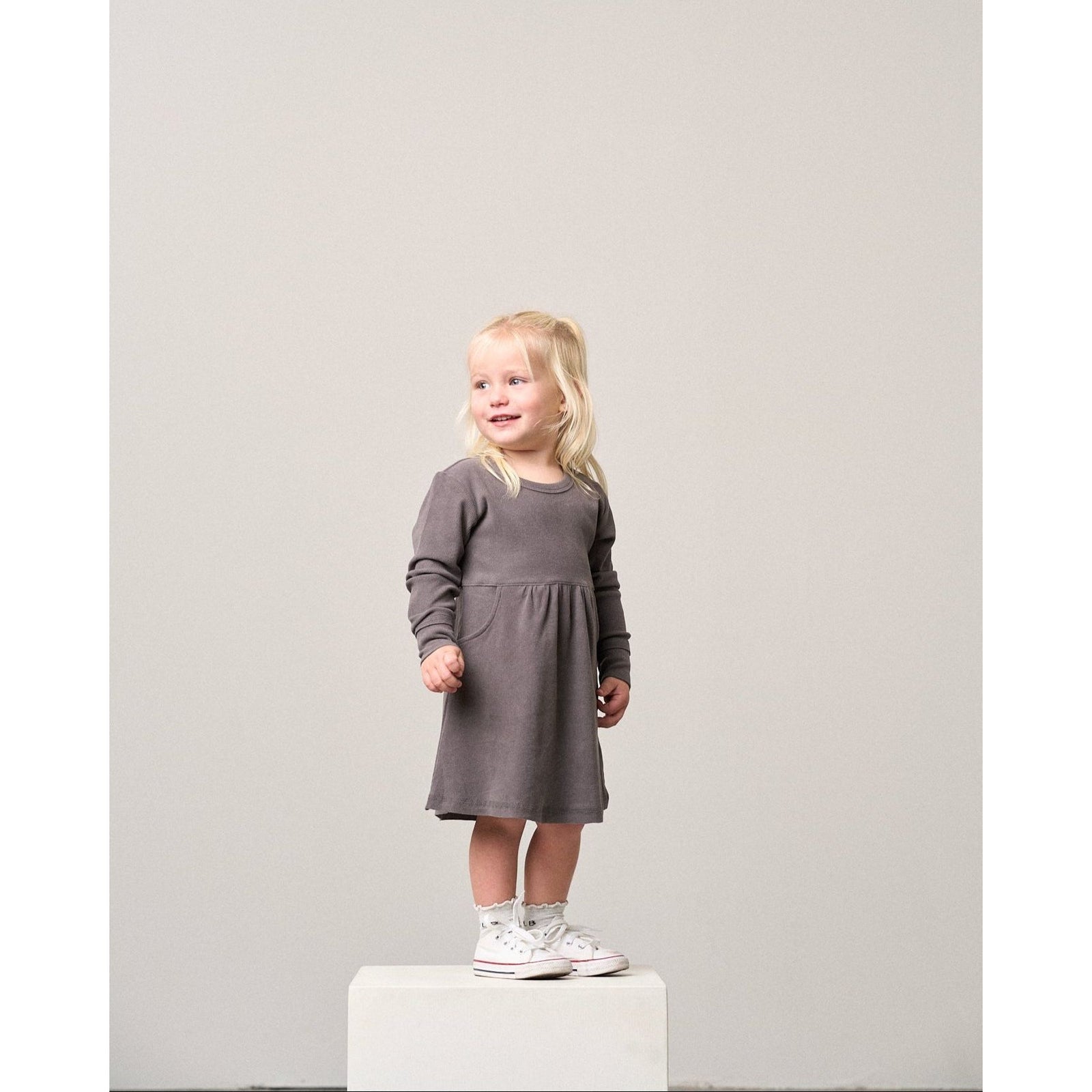 Long Sleeve Ribbed Dress - Graphite
