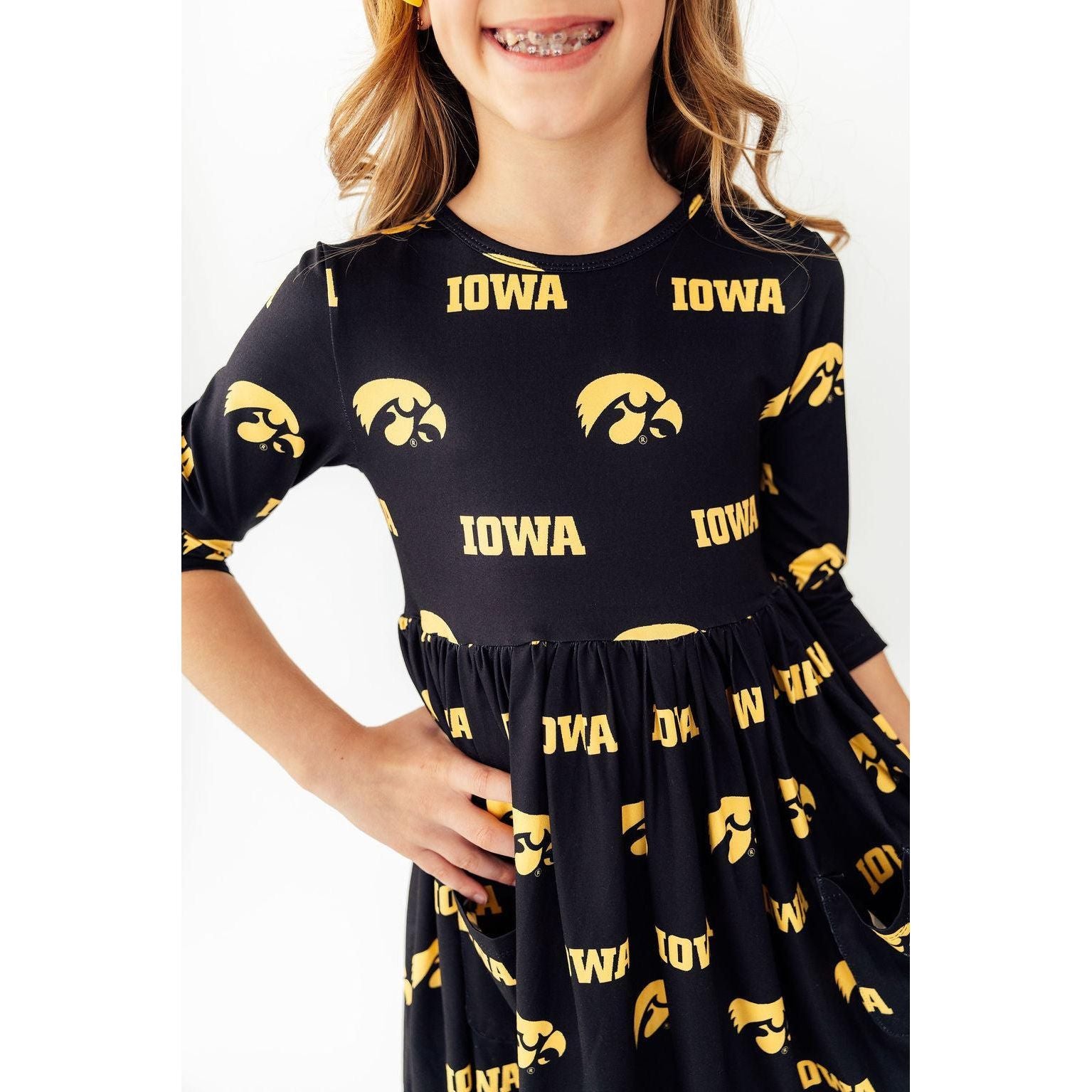 Iowa Black Tigerhawk 3/4 Sleeve Pocket Twirl Dress