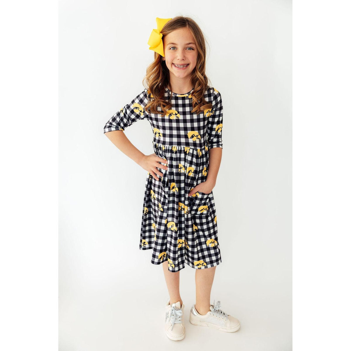 Iowa Plaid Tigerhawk 3/4 Sleeve Pocket Twirl Dress