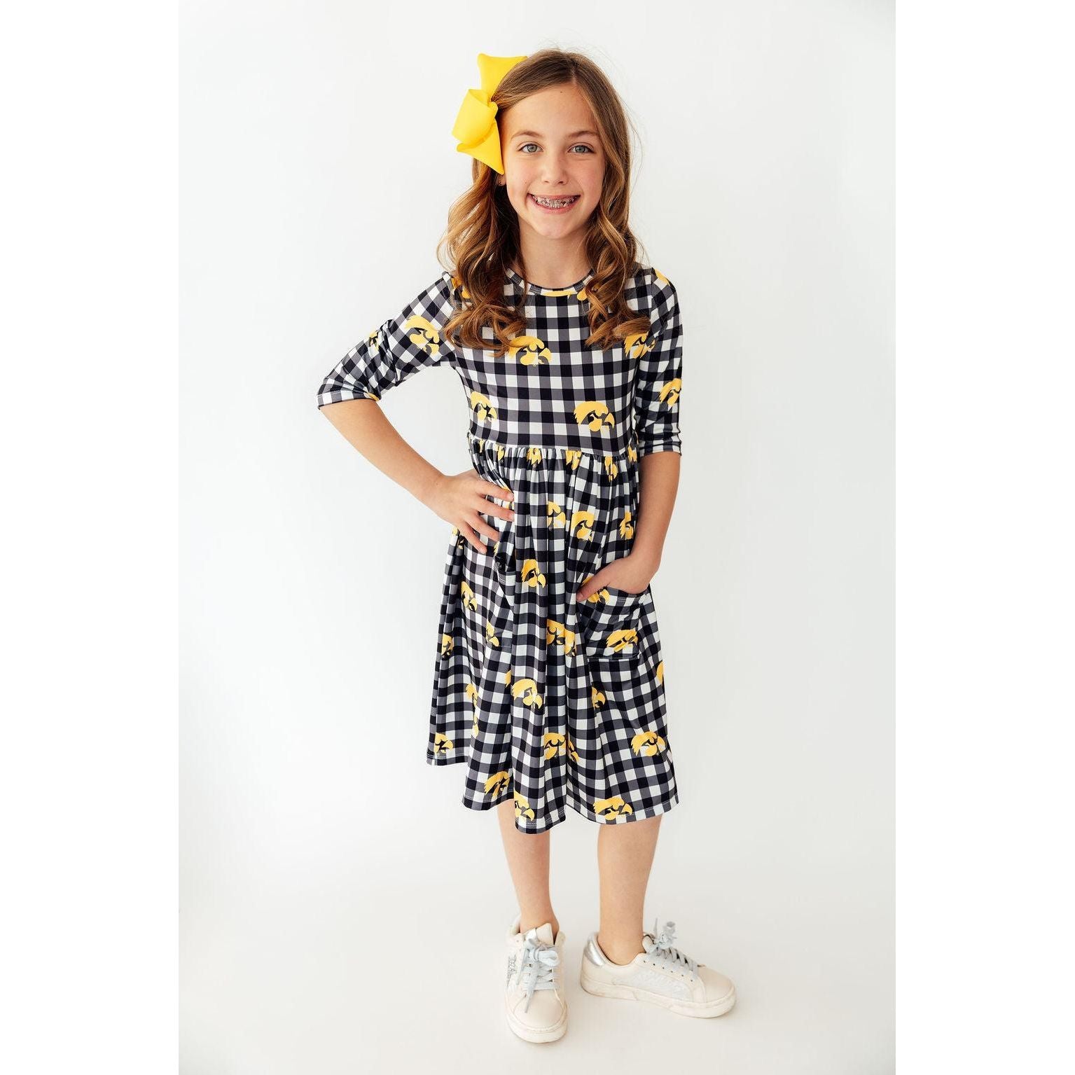 Iowa Plaid Tigerhawk 3/4 Sleeve Pocket Twirl Dress