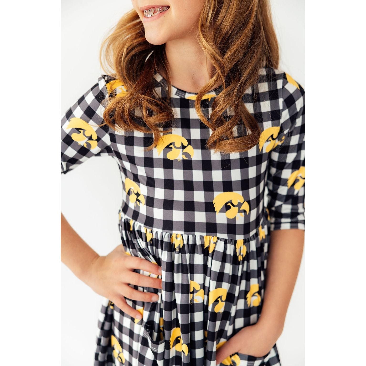 Iowa Plaid Tigerhawk 3/4 Sleeve Pocket Twirl Dress