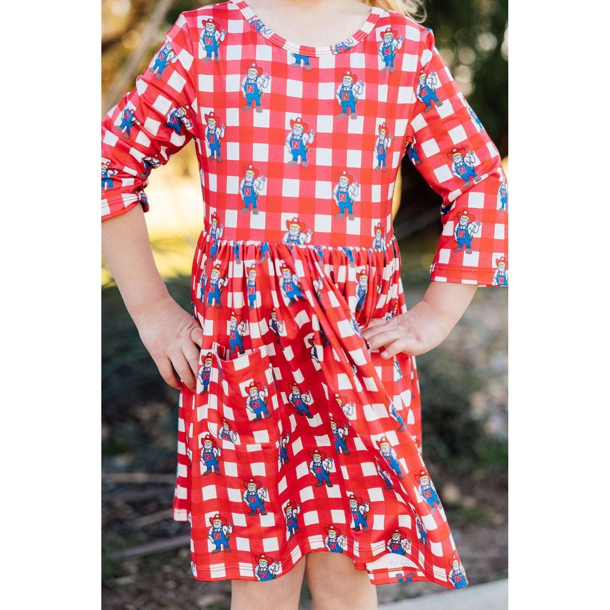 Nebraska Plaid Herbie Husker 3/4 Sleeve Pocket Twirl Dress