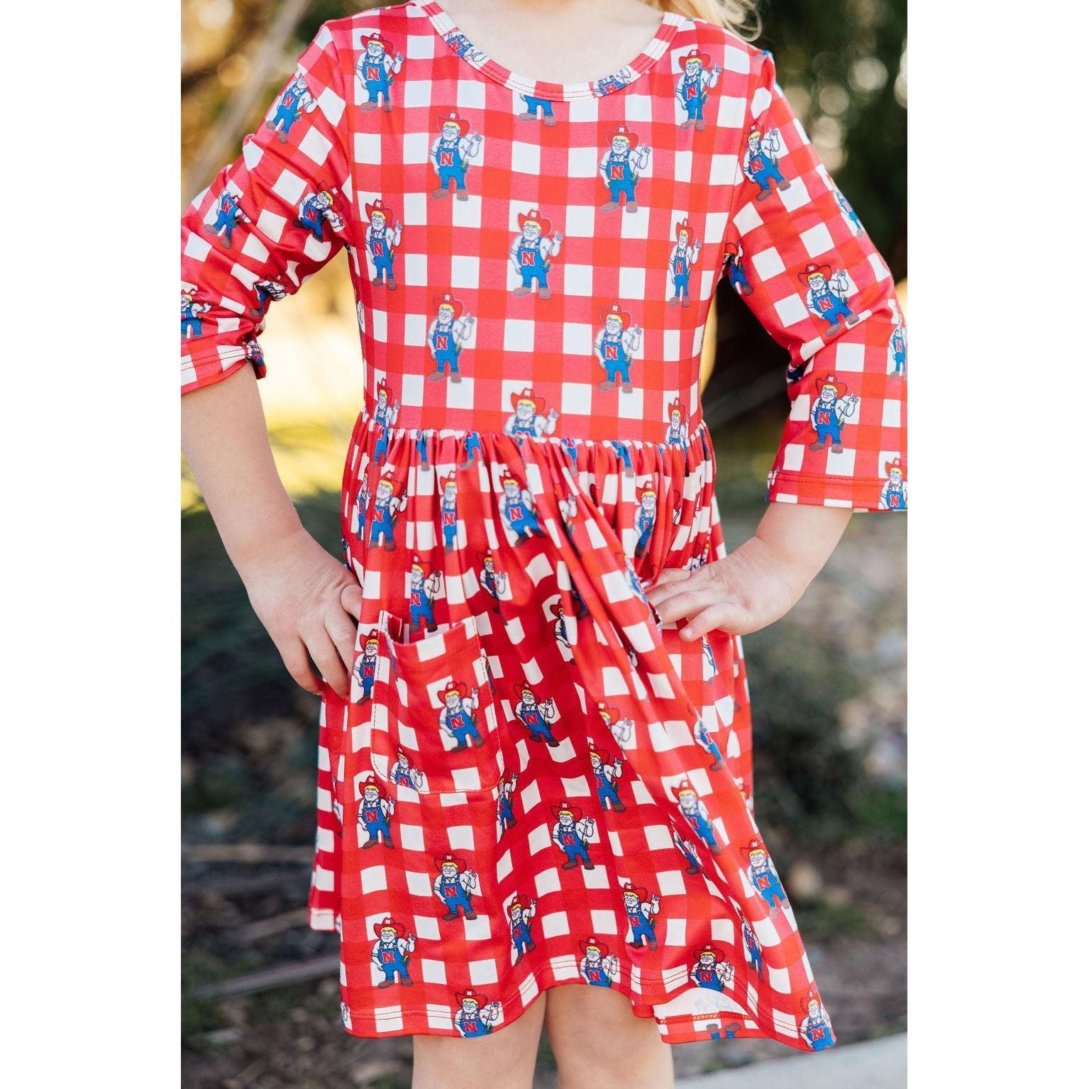 Nebraska Plaid Herbie Husker 3/4 Sleeve Pocket Twirl Dress
