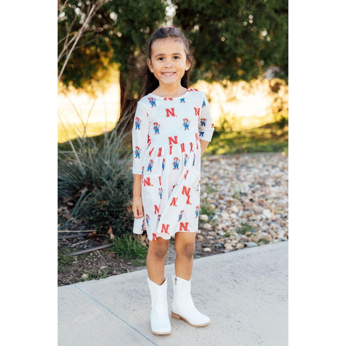 Nebraska White Herbie Husker 3/4 Sleeve Pocket Twirl Dress