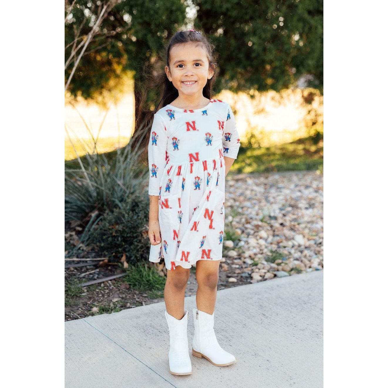 Nebraska White Herbie Husker 3/4 Sleeve Pocket Twirl Dress