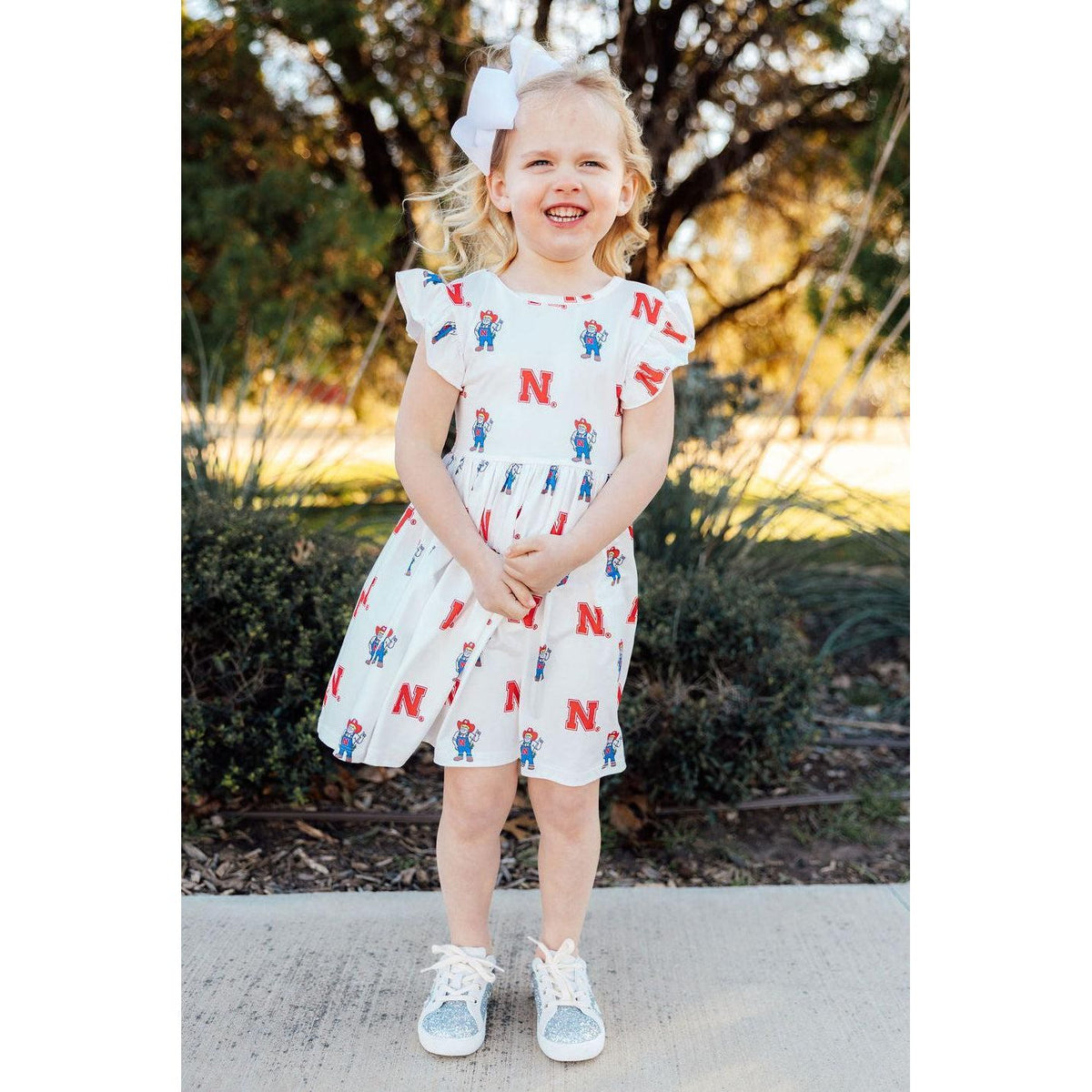 Nebraska White Herbie Husker Flutter Twirl Dress