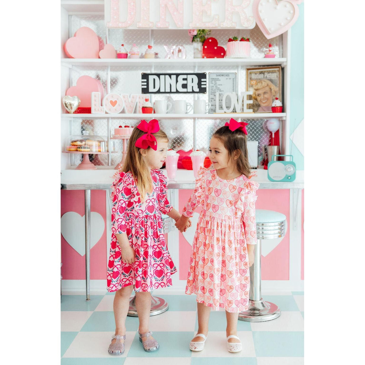 Fluttering Hearts 3/4 Sleeve Ruffle Twirl Dress