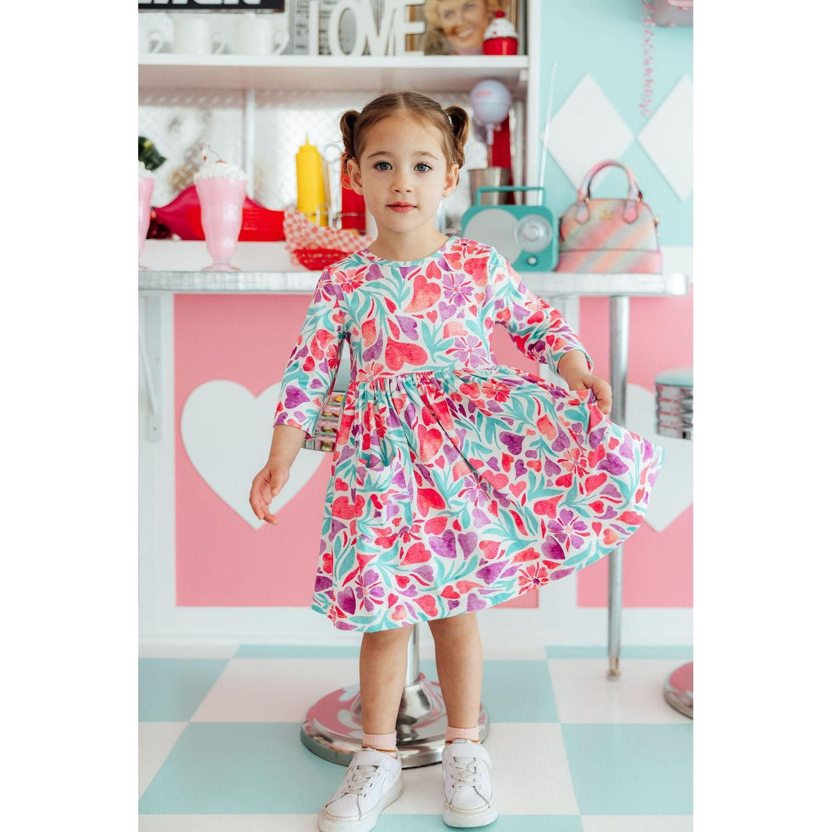 Watercolor Hearts 3/4 Sleeve Pocket Twirl Dress