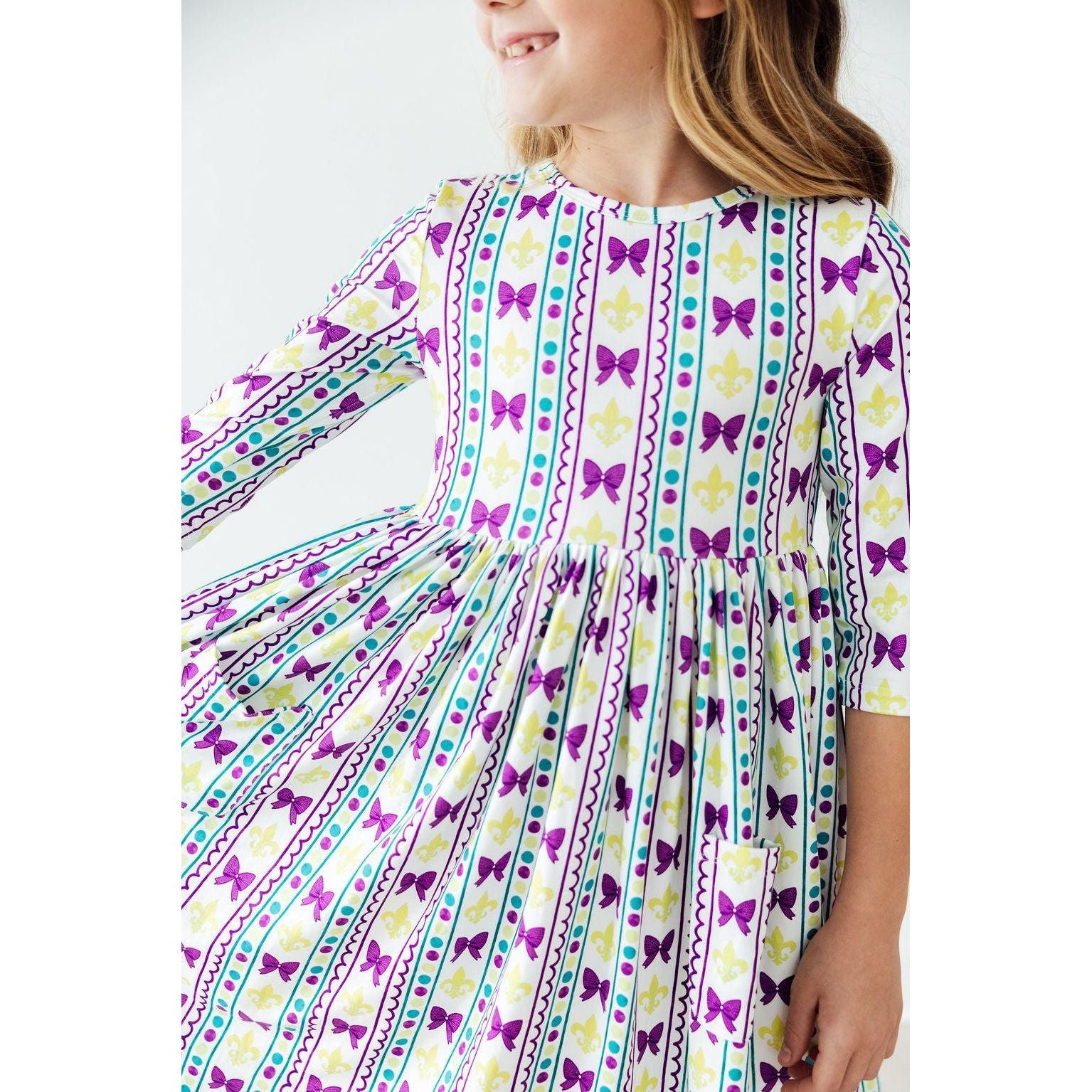Mardi Gras 3/4 Sleeve Pocket Twirl Dress
