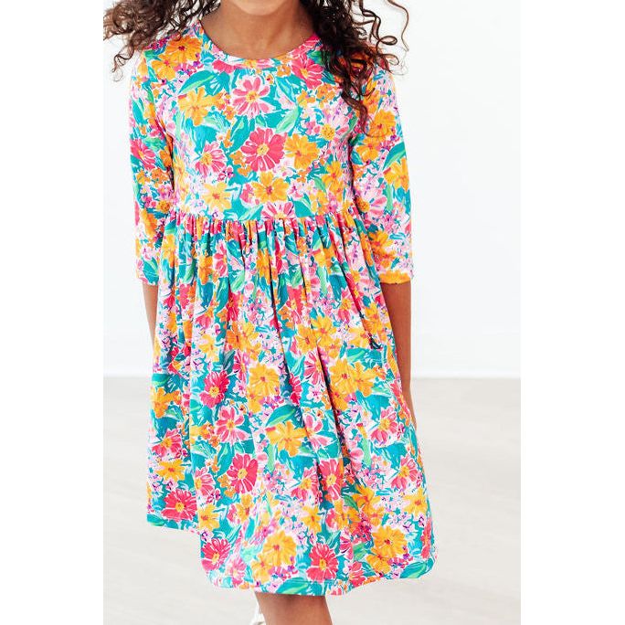 Floral Fiesta 3/4 Sleeve Pocket Twirl Dress