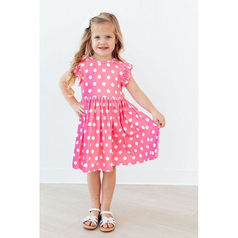 Pink Polka Dots Flutter Sleeve Twirl Dress
