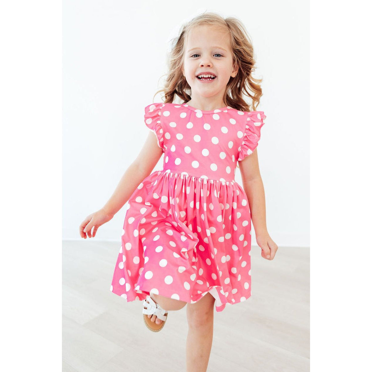Pink Polka Dots Flutter Sleeve Twirl Dress