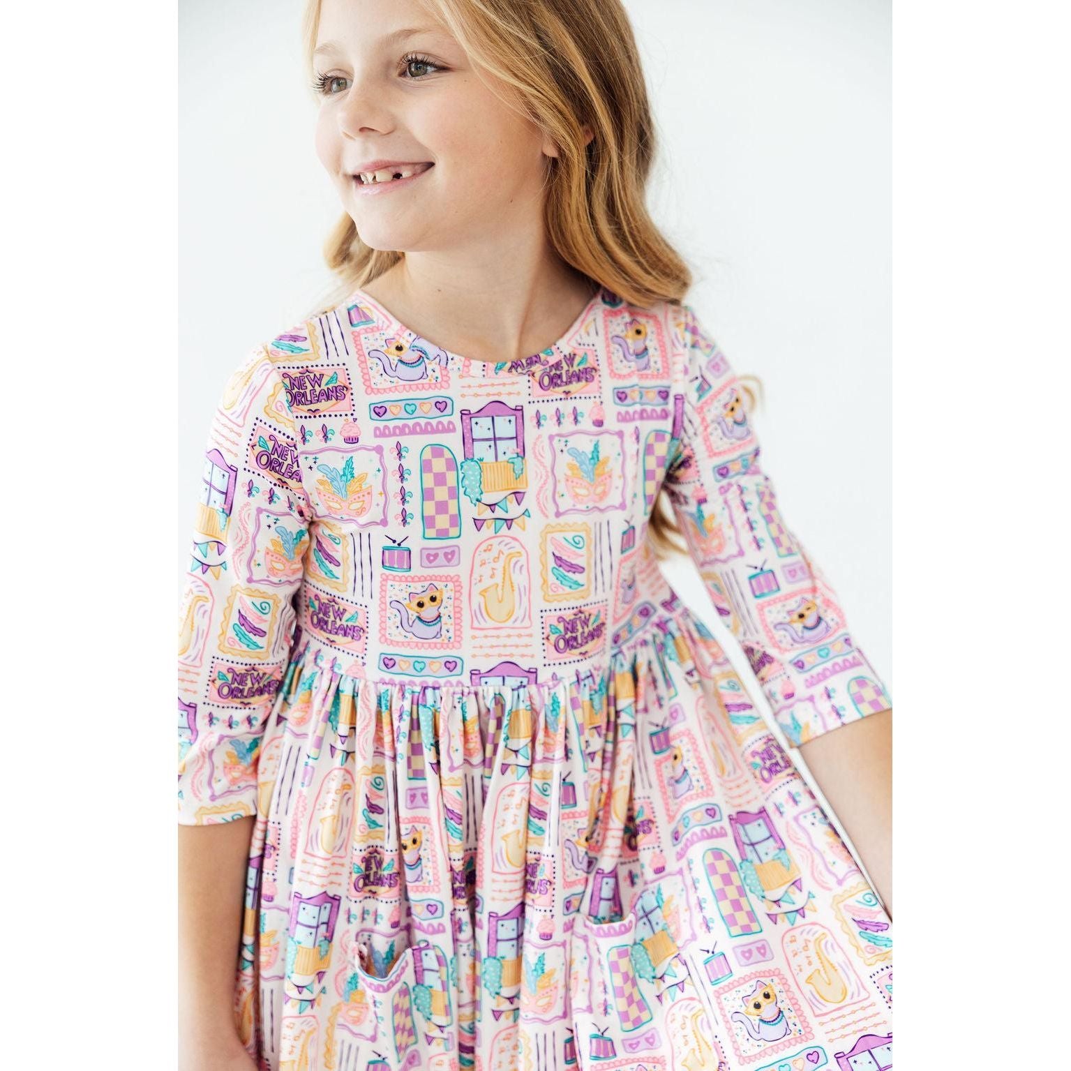 French Quarter Fun 3/4 Sleeve Pocket Twirl Dress