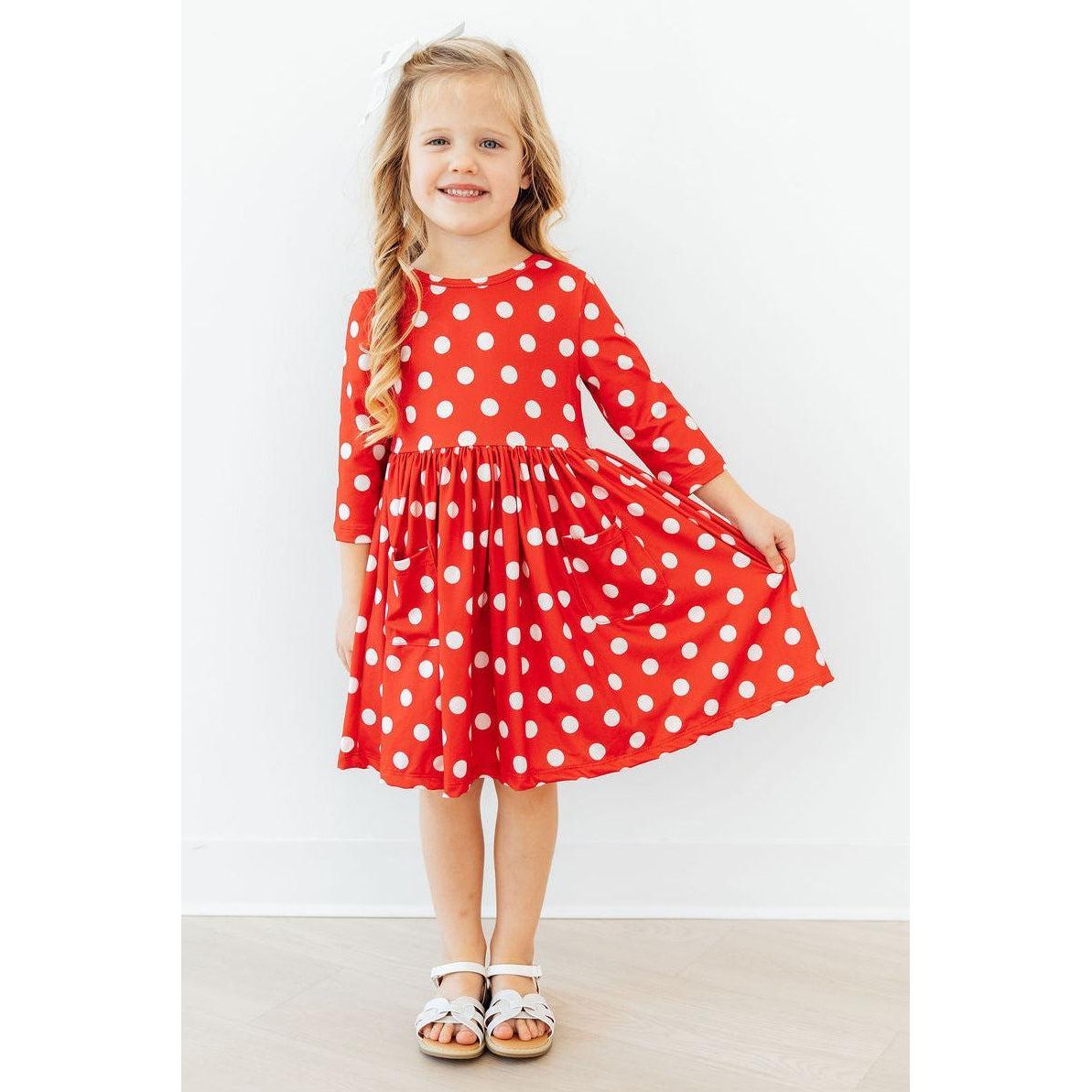 Red Polka Dots 3/4 Sleeve Pocket Twirl Dress
