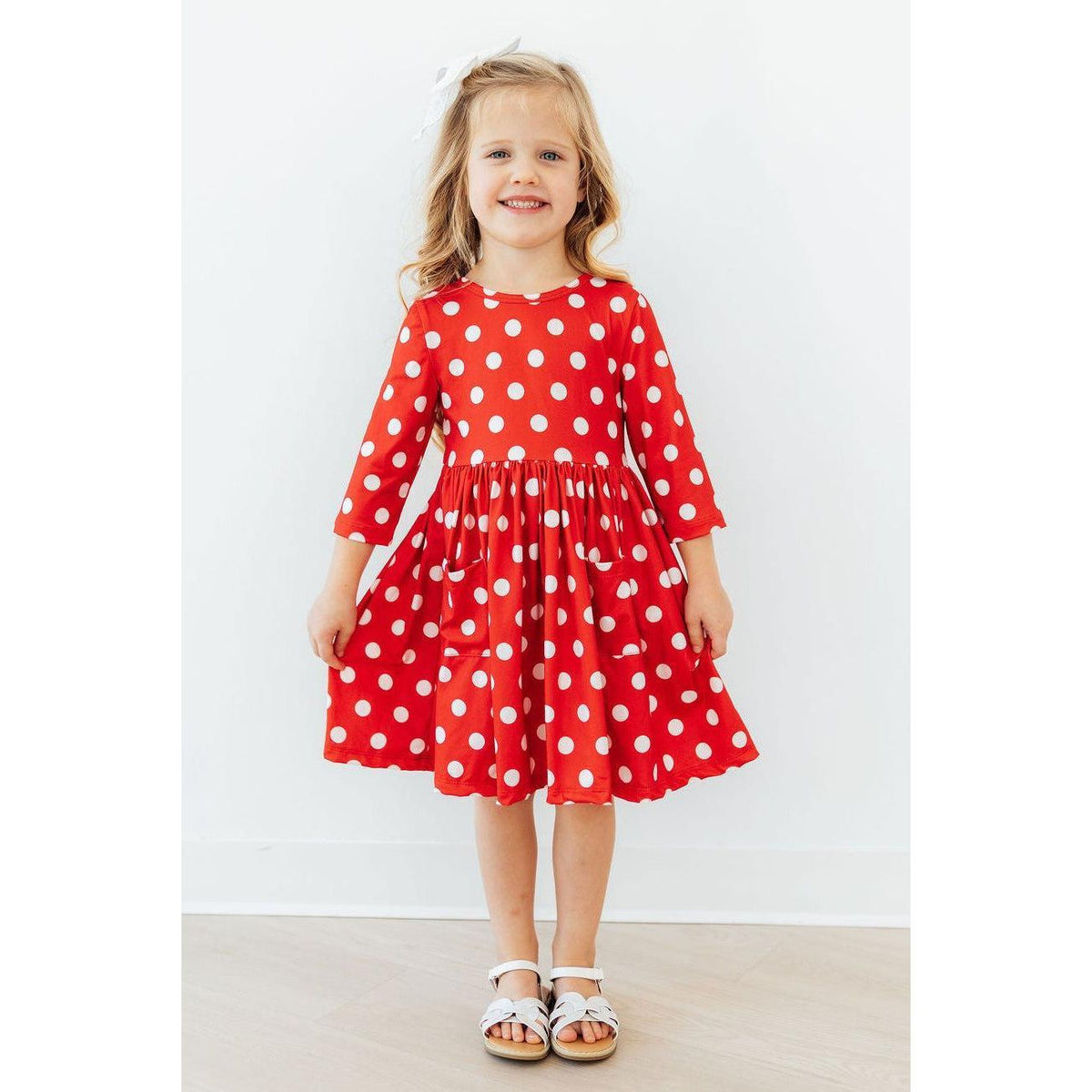 Red Polka Dots 3/4 Sleeve Pocket Twirl Dress
