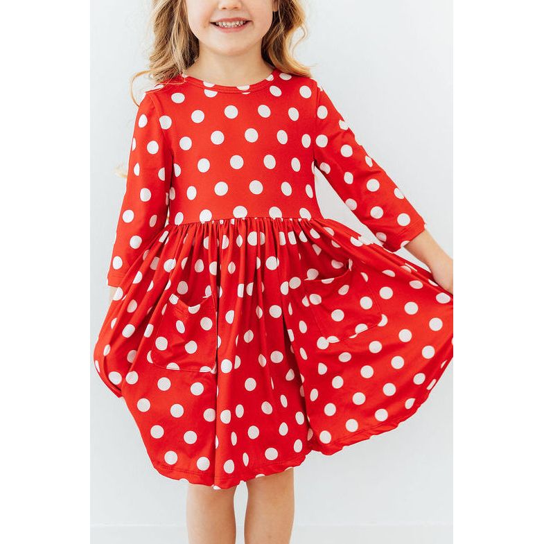 Red Polka Dots 3/4 Sleeve Pocket Twirl Dress