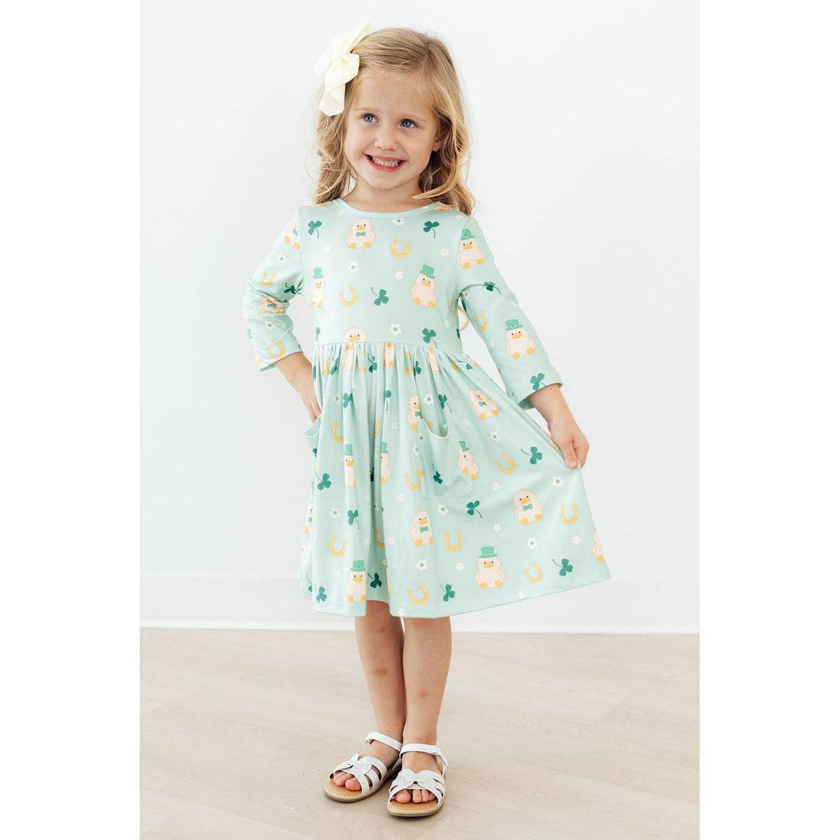Lucky Duck 3/4 Sleeve Pocket Twirl Dress