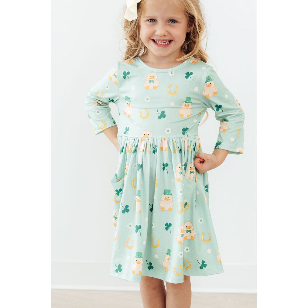 Lucky Duck 3/4 Sleeve Pocket Twirl Dress