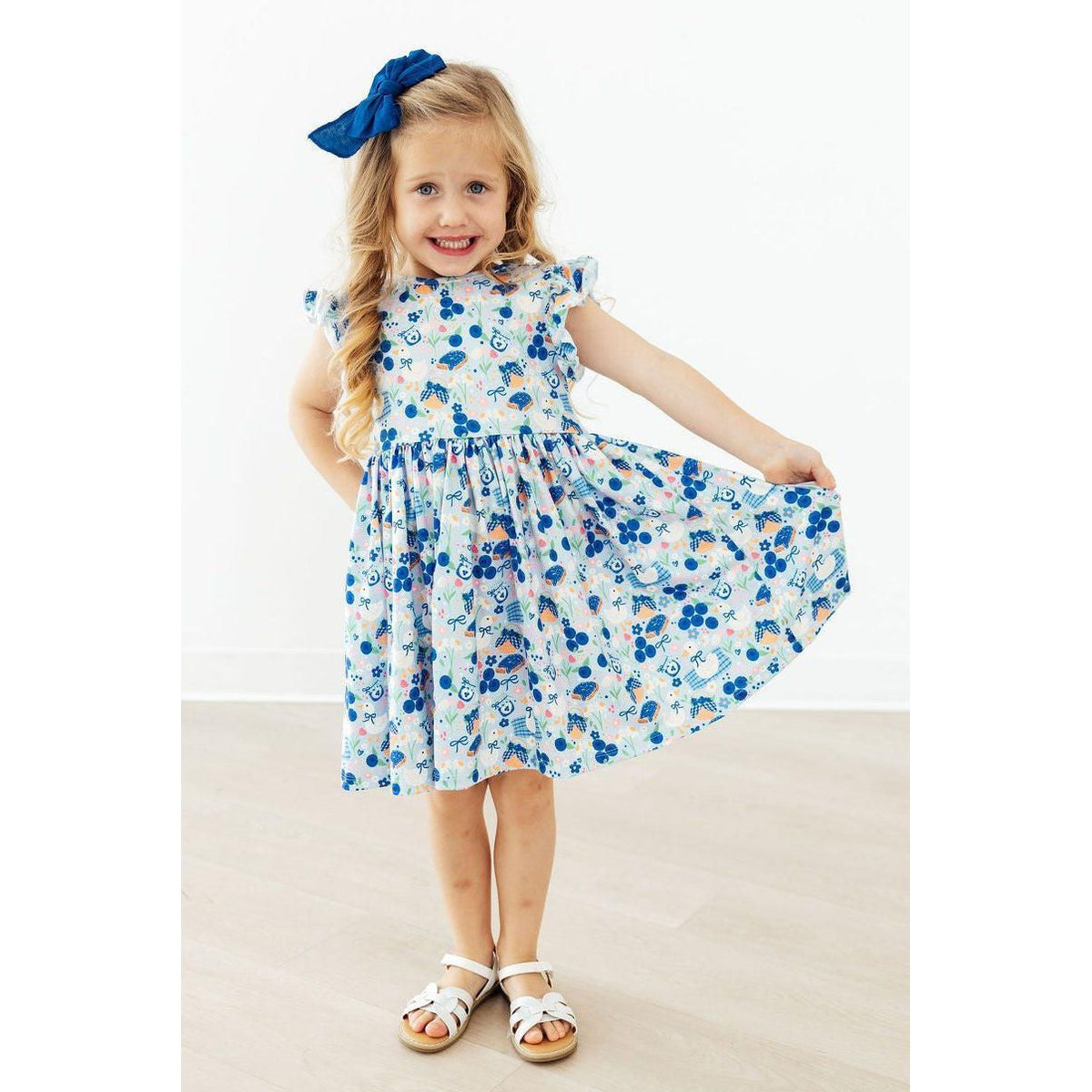 Blueberry Picnic Flutter Sleeve Twirl Dress