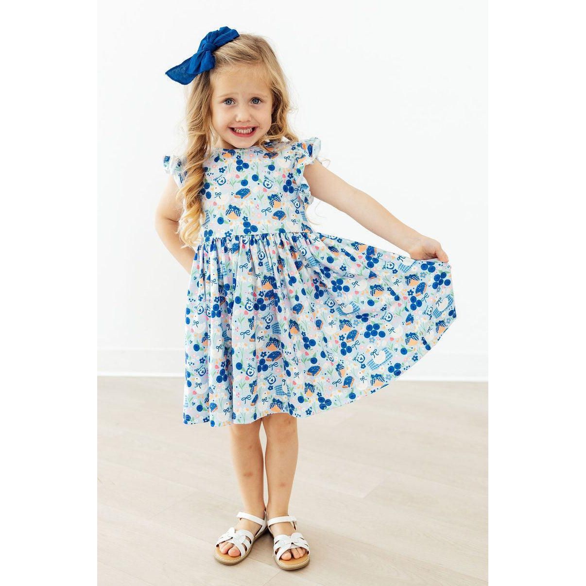Blueberry Picnic Flutter Sleeve Twirl Dress