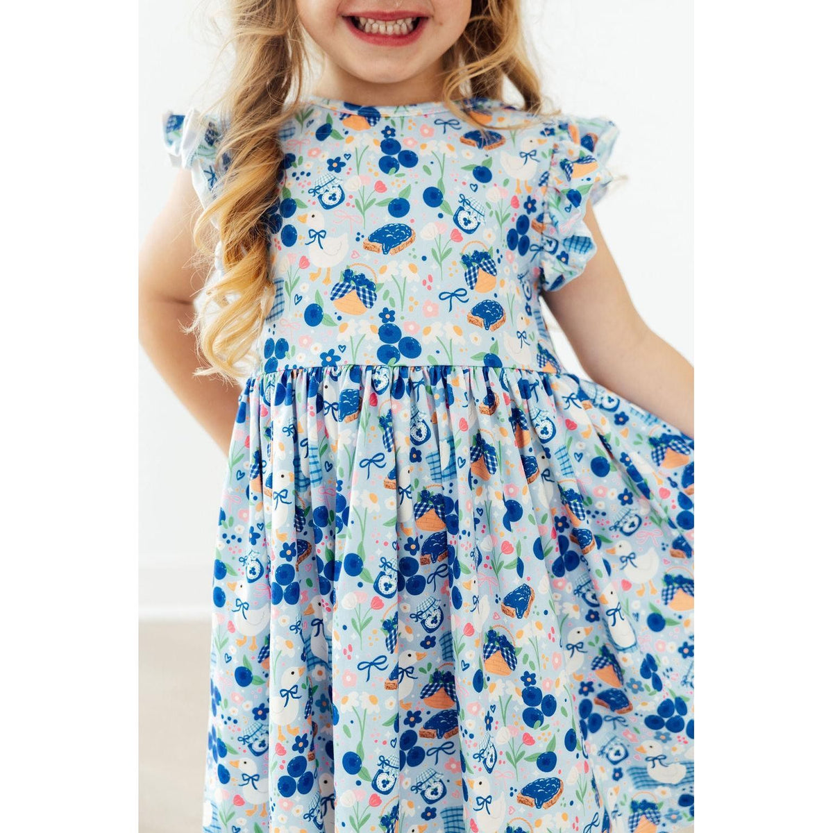 Blueberry Picnic Flutter Sleeve Twirl Dress