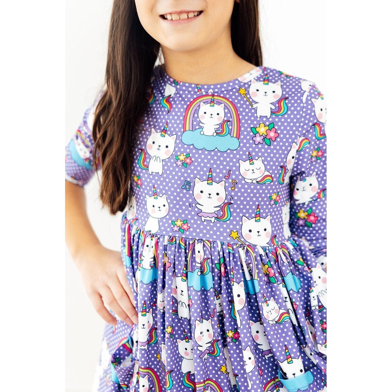 Kitties in the Clouds 3/4 Sleeve Pocket Twirl Dress