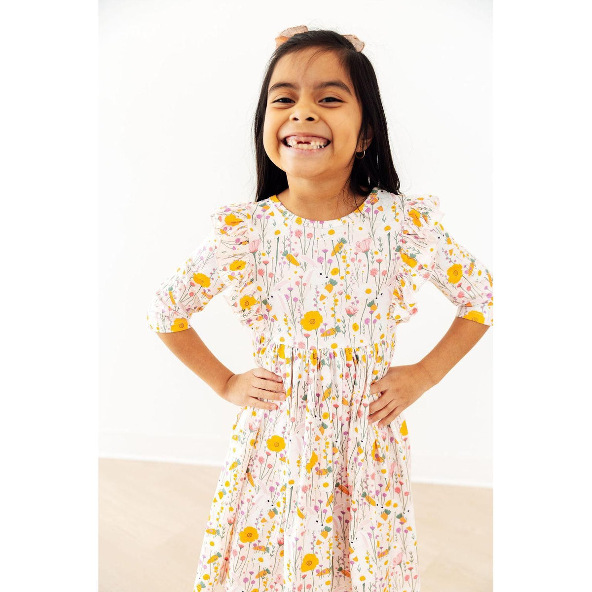 Carrot Cutie 3/4 Sleeve Ruffle Twirl Dress