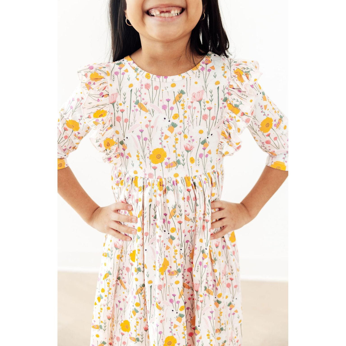 Carrot Cutie 3/4 Sleeve Ruffle Twirl Dress