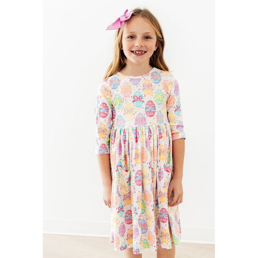 Egg-stra Cute 3/4 Sleeve Pocket Twirl Dress