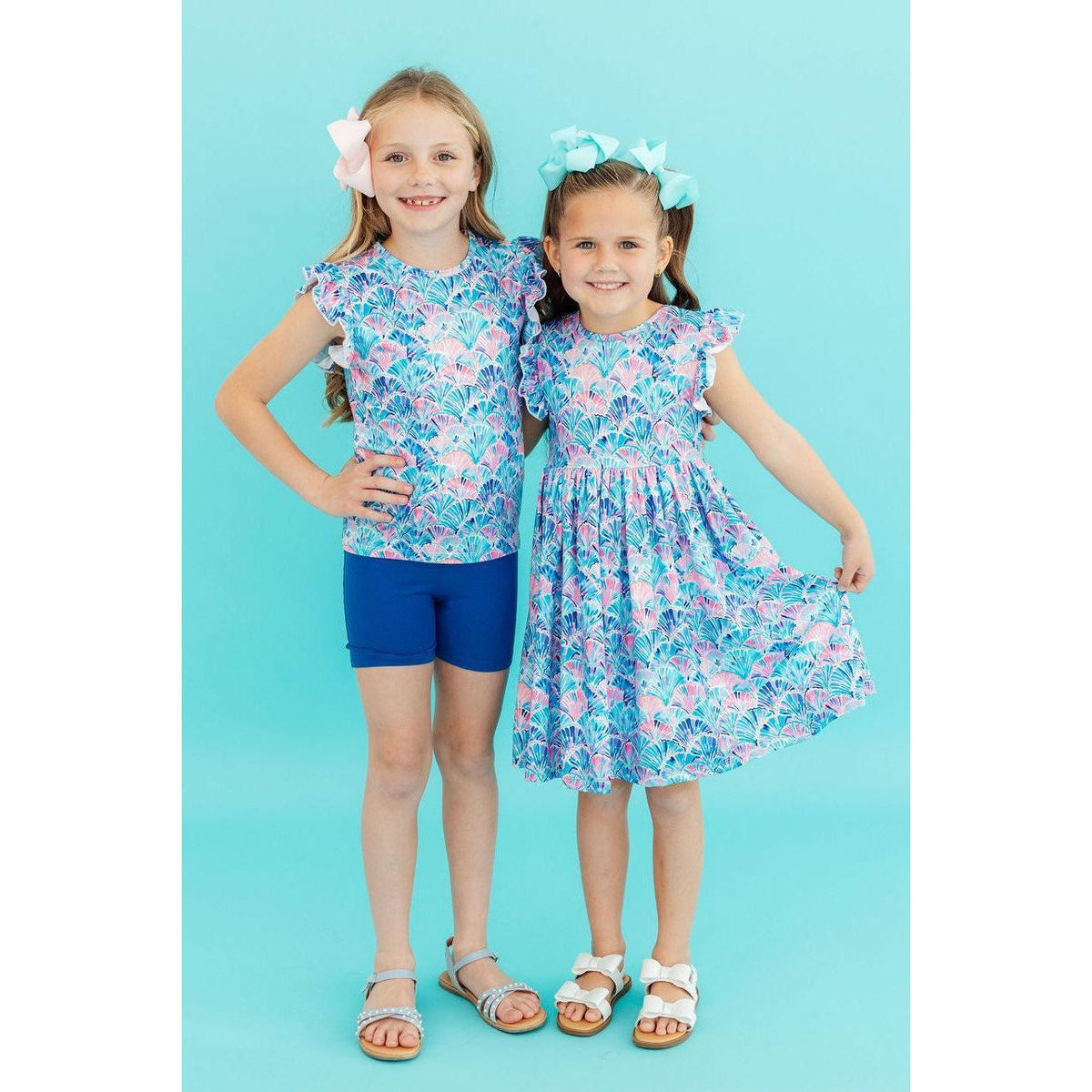 Seaside Shells Flutter Sleeve Twirl Dress