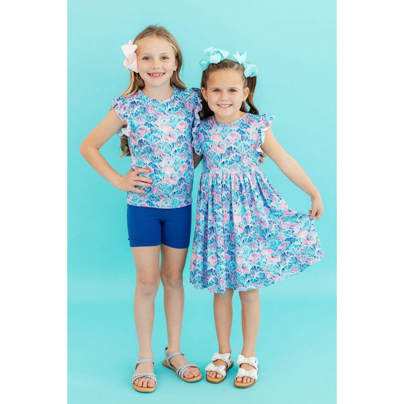 Seaside Shells Flutter Sleeve Twirl Dress