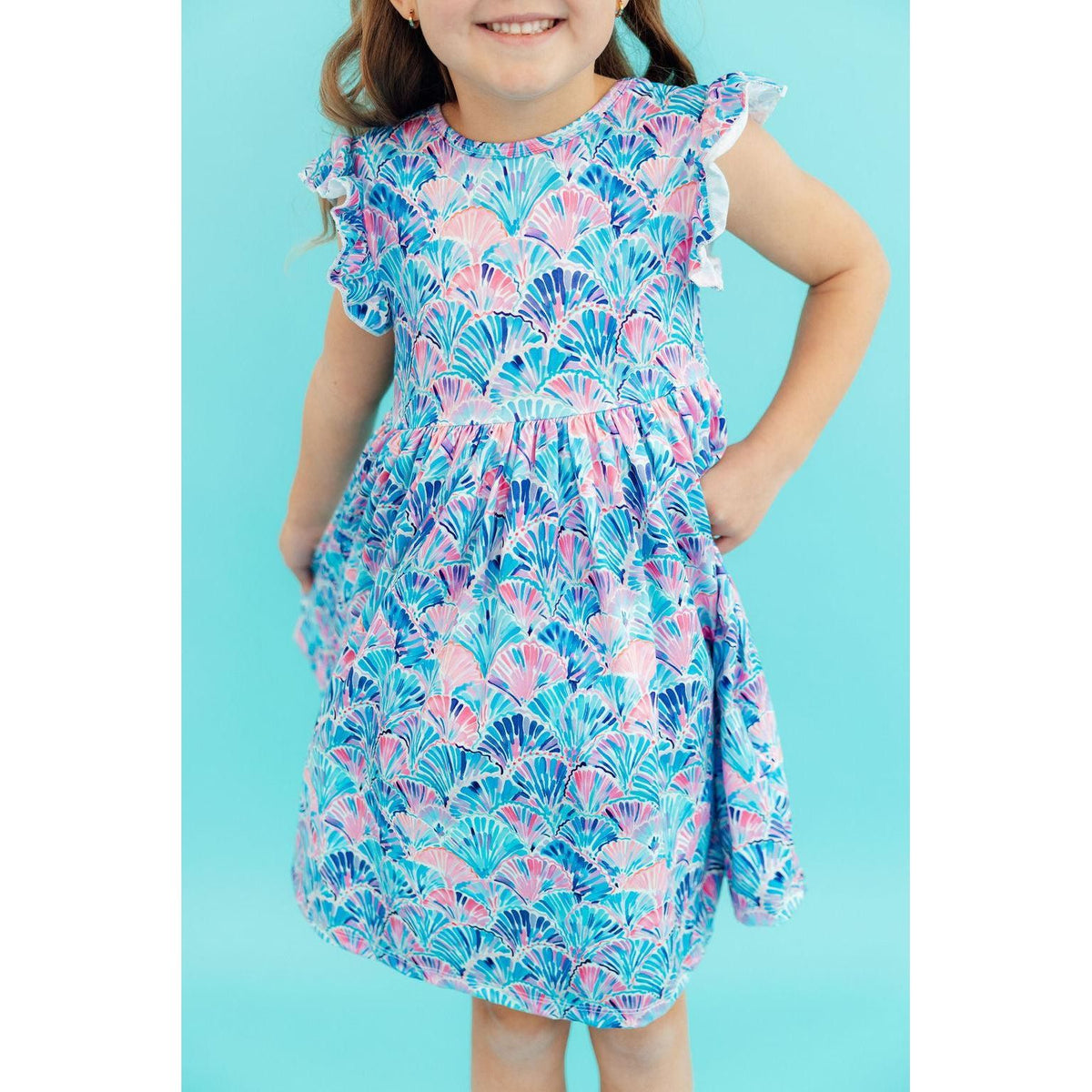 Seaside Shells Flutter Sleeve Twirl Dress