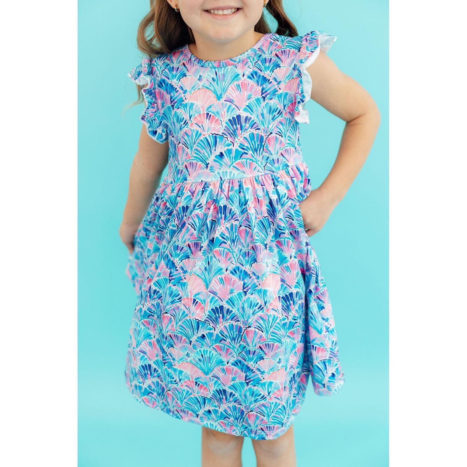 Seaside Shells Flutter Sleeve Twirl Dress