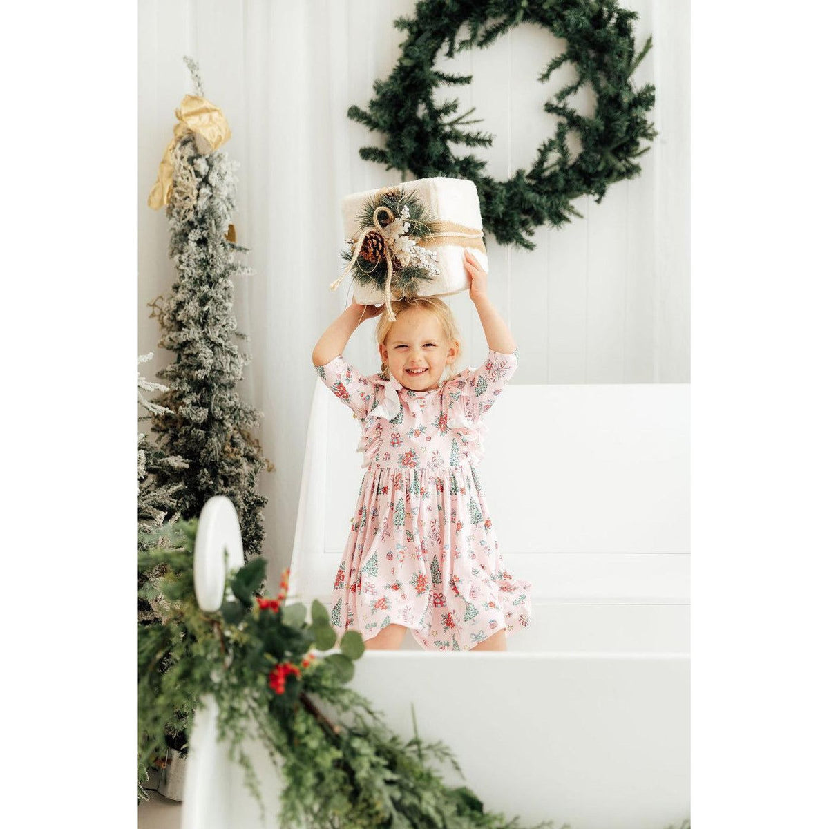 Pink Christmas 3/4 Sleeve Ruffle Twirl Dress