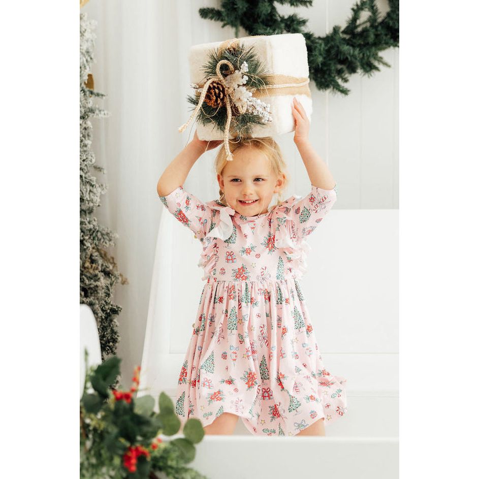 Pink Christmas 3/4 Sleeve Ruffle Twirl Dress