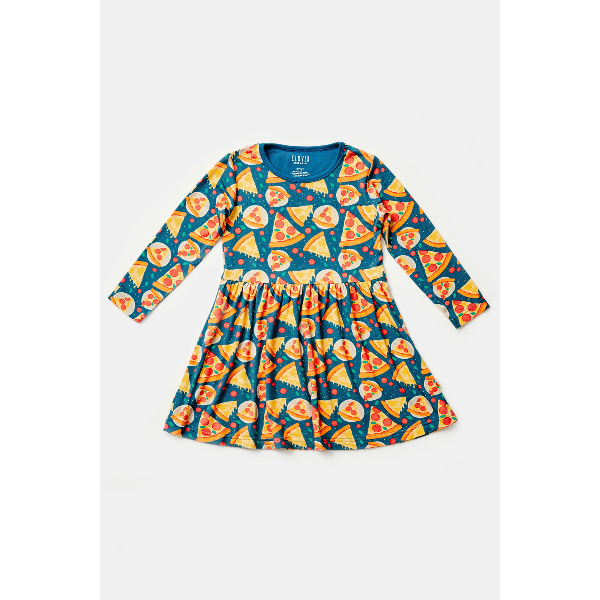 Stretchy Long Sleeve Twirl Dress - Pizza Party
