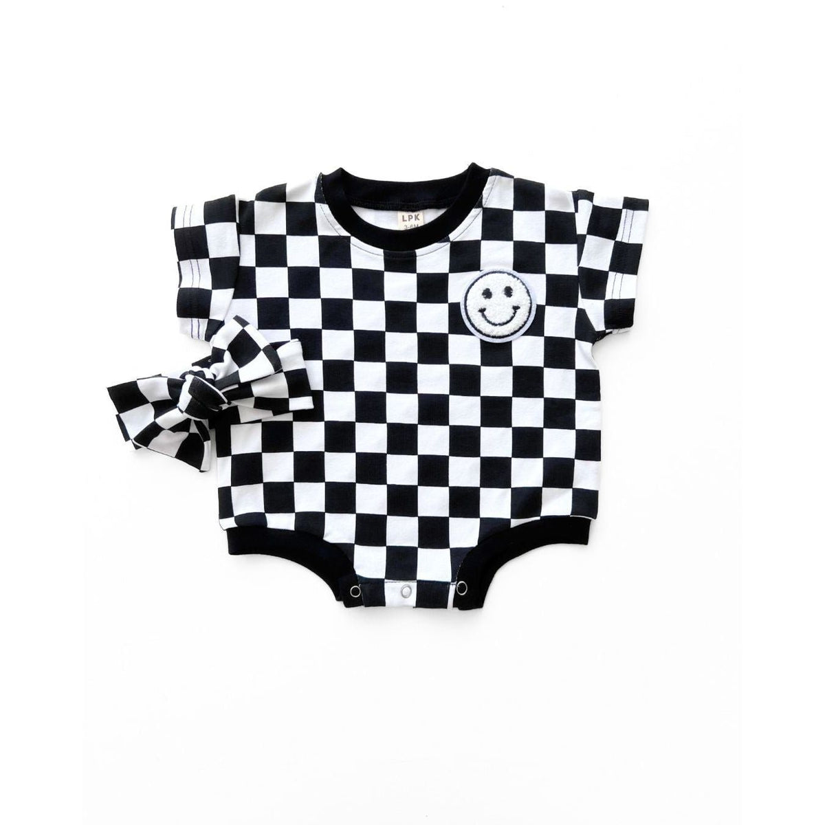 Short Sleeve Bubble Romper | Checkered Smiley Black