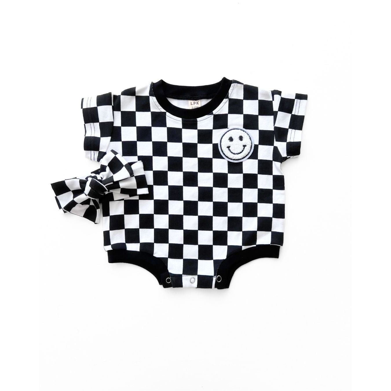 Short Sleeve Bubble Romper | Checkered Smiley Black