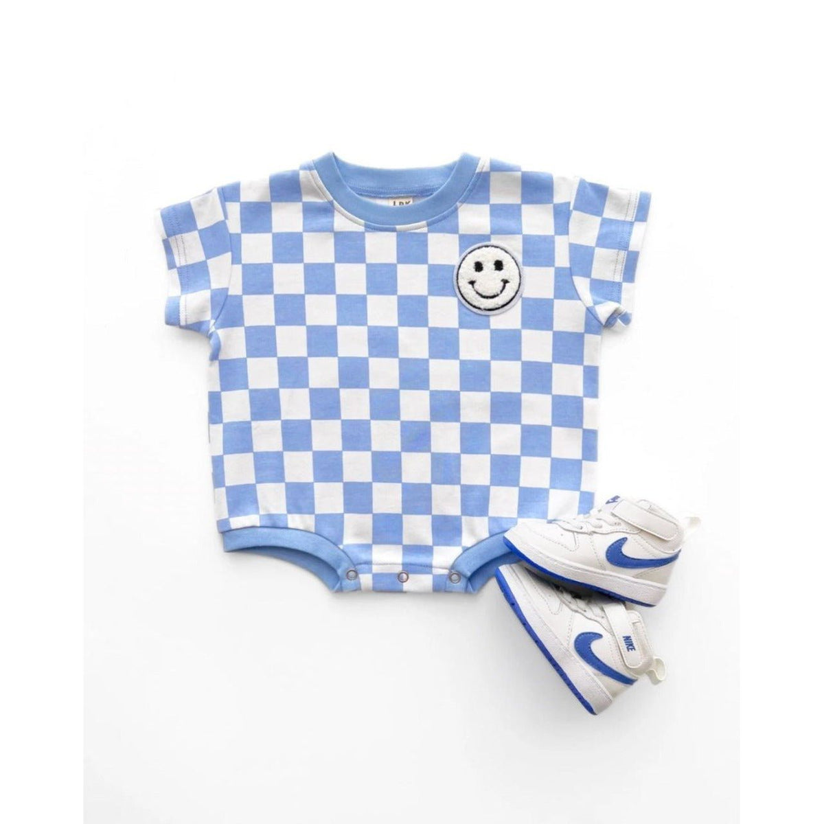 Short Sleeve Bubble Romper | Checkered Smiley Blue